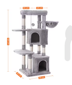 Coco Krabpaal / Kattenboom – 120 cm Hoog met 2 Knuffelgrotten, Pluche Uitkijkplatform en Kantelbeveiliging