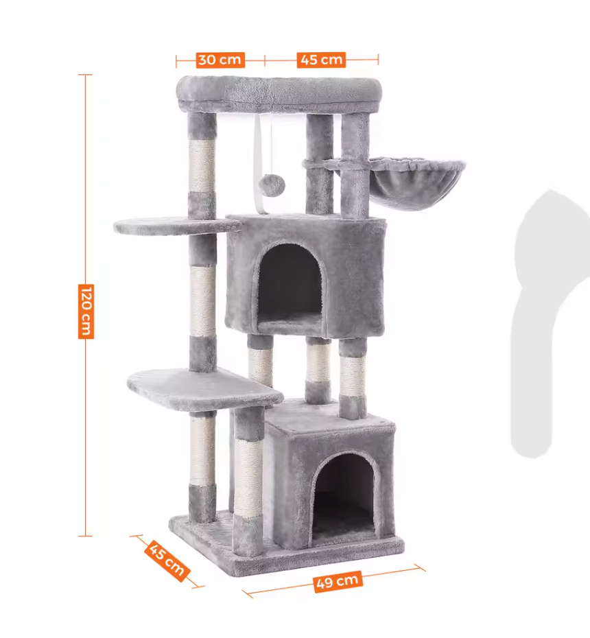 Coco Krabpaal / Kattenboom – 120 cm Hoog met 2 Knuffelgrotten, Pluche Uitkijkplatform en Kantelbeveiliging