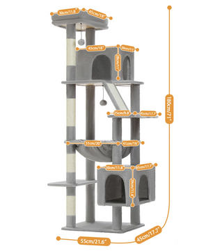 180cm Grote XXL Krabpaal – Kattenboom met Hangmat, Sisalpalen, Klimtoren en Speelhuis