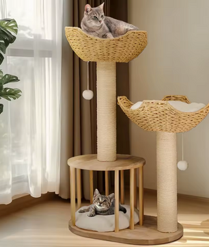 Premium Design 3-laags Krabpaal – Katten Toren met Gewatteerde Pluche Zitstokken, Sisal Krabpalen en Speelballen