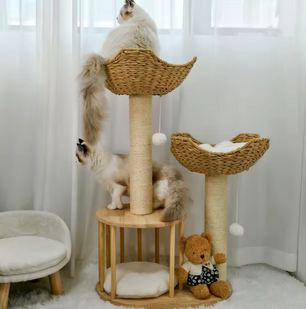 Premium Design 3-laags Krabpaal – Katten Toren met Gewatteerde Pluche Zitstokken, Sisal Krabpalen en Speelballen