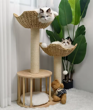 Premium Design 3-laags Krabpaal – Katten Toren met Gewatteerde Pluche Zitstokken, Sisal Krabpalen en Speelballen