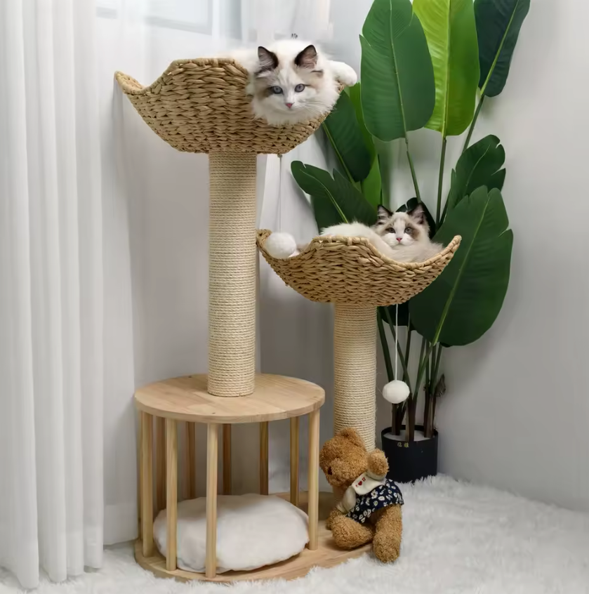 Premium Design 3-laags Krabpaal – Katten Toren met Gewatteerde Pluche Zitstokken, Sisal Krabpalen en Speelballen
