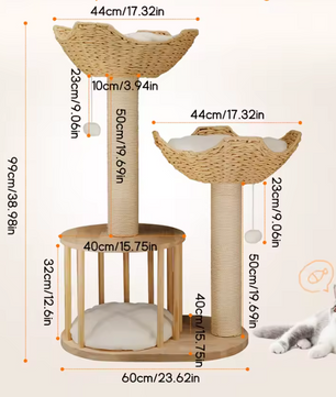 Premium Design 3-laags Krabpaal – Katten Toren met Gewatteerde Pluche Zitstokken, Sisal Krabpalen en Speelballen