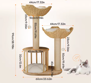 Premium Design 3-laags Krabpaal – Katten Toren met Gewatteerde Pluche Zitstokken, Sisal Krabpalen en Speelballen