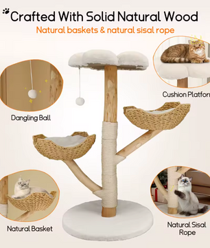 Premium Design Kattenboom van Natuurlijk Hout - Krabmeubel met Wasbare Kussens