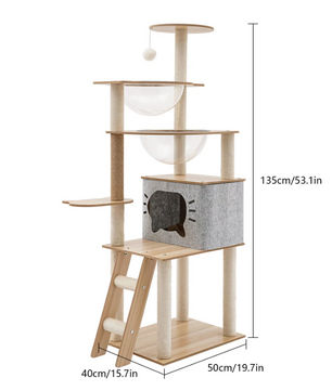 5-Laags Kattenklimrek – Houten Kattenmeubel met Krabpaal, Nest en Speelboom – 135cm Hoog