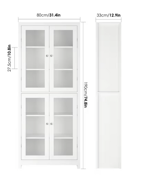 George Kabinetkast met 4 Glazen Deuren – Wit – 190x80x33cm
