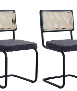 Set van 2 Retro Eetkamerstoelen – Rotan Look – Comfortabele Fluwelen Zitting – Stevig Metalen Frame – Boog Rugleuning – Natuurlijke Kleur