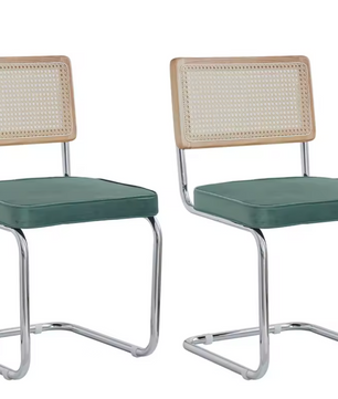 Set van 2 Retro Eetkamerstoelen – Rotan Look – Comfortabele Fluwelen Zitting – Stevig Metalen Frame – Boog Rugleuning – Natuurlijke Kleur