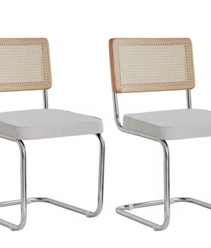 Set van 2 Retro Eetkamerstoelen – Rotan Look – Comfortabele Fluwelen Zitting – Stevig Metalen Frame – Boog Rugleuning – Natuurlijke Kleur