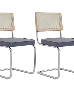 Set van 2 Retro Eetkamerstoelen – Rotan Look – Comfortabele Fluwelen Zitting – Stevig Metalen Frame – Boog Rugleuning – Natuurlijke Kleur