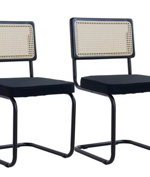 Set van 2 Retro Eetkamerstoelen – Rotan Look – Comfortabele Fluwelen Zitting – Stevig Metalen Frame – Boog Rugleuning – Natuurlijke Kleur