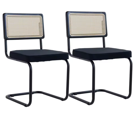 Set van 2 Retro Eetkamerstoelen – Rotan Look – Comfortabele Fluwelen Zitting – Stevig Metalen Frame – Boog Rugleuning – Natuurlijke Kleur