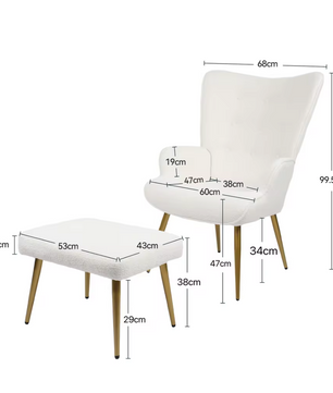 Luxe Fluffy Fauteuil met Kruk – Moderne Gestoffeerde Leesstoel met Gouden Poten – Wit