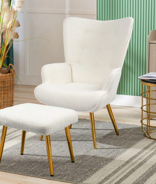 Luxe Fluffy Fauteuil met Kruk – Moderne Gestoffeerde Leesstoel met Gouden Poten – Wit