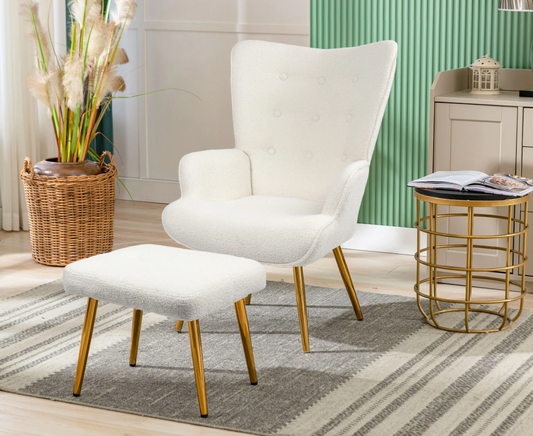 Luxe Fluffy Fauteuil met Kruk – Moderne Gestoffeerde Leesstoel met Gouden Poten – Wit