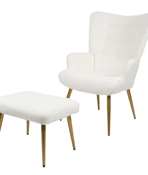 Luxe Fluffy Fauteuil met Kruk – Moderne Gestoffeerde Leesstoel met Gouden Poten – Wit