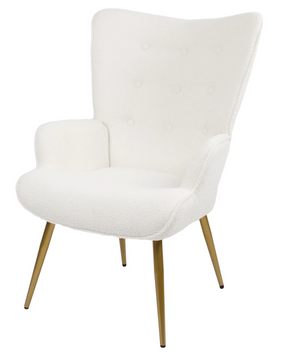 Luxe Fluffy Fauteuil met Kruk – Moderne Gestoffeerde Leesstoel met Gouden Poten – Wit