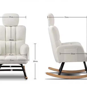 Luxe Beige Schommelstoel – Relax Fauteuil met Armleuningen en Hoofdsteun – Teddy Stof – Ergonomisch Ontwerp