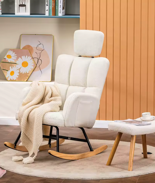 Luxe Beige Schommelstoel – Relax Fauteuil met Armleuningen en Hoofdsteun – Teddy Stof – Ergonomisch Ontwerp