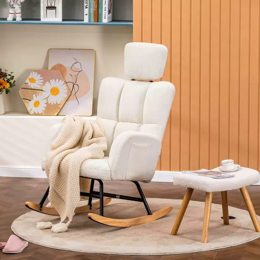 Luxe Beige Schommelstoel – Relax Fauteuil met Armleuningen en Hoofdsteun – Teddy Stof – Ergonomisch Ontwerp