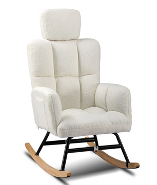Luxe Beige Schommelstoel – Relax Fauteuil met Armleuningen en Hoofdsteun – Teddy Stof – Ergonomisch Ontwerp