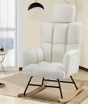 Luxe Beige Schommelstoel – Relax Fauteuil met Armleuningen en Hoofdsteun – Teddy Stof – Ergonomisch Ontwerp