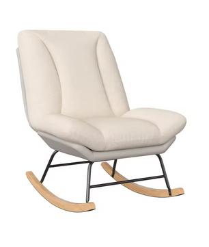 Japandi Luxe Fauteuil – Gestoffeerde Schommelstoel met Houten Basis – Licht beige
