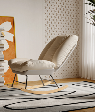 Japandi Luxe Fauteuil – Gestoffeerde Schommelstoel met Houten Basis – Licht beige