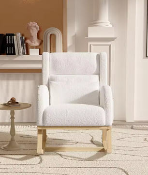 Witte Schommelstoel – Gestoffeerde Fauteuil met Hoge Rugleuning en Zijvakken – Comfortabele Loungefauteuil van Lamswol – Voor Woonkamer of Slaapkamer
