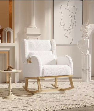 Witte Schommelstoel – Gestoffeerde Fauteuil met Hoge Rugleuning en Zijvakken – Comfortabele Loungefauteuil van Lamswol – Voor Woonkamer of Slaapkamer