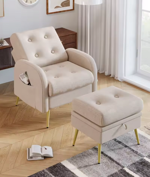 Beige Loungestoel met Voetensteun en Opbergruimte – Verstelbare Rugleuning en Zijvakken