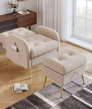Beige Loungestoel met Voetensteun en Opbergruimte – Verstelbare Rugleuning en Zijvakken