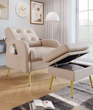Beige Loungestoel met Voetensteun en Opbergruimte – Verstelbare Rugleuning en Zijvakken