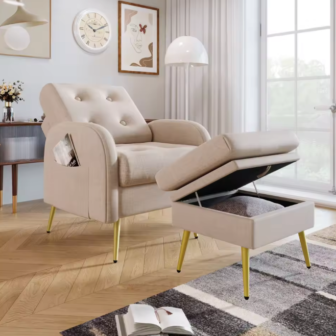 Beige Loungestoel met Voetensteun en Opbergruimte – Verstelbare Rugleuning en Zijvakken