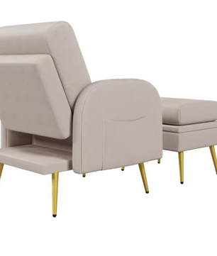 Beige Loungestoel met Voetensteun en Opbergruimte – Verstelbare Rugleuning en Zijvakken