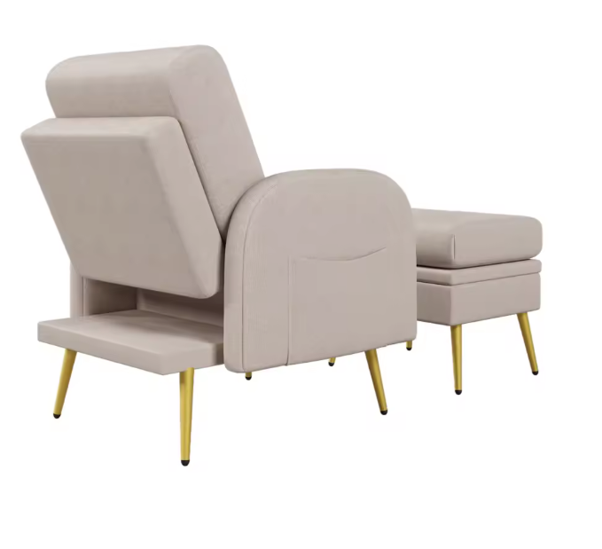Beige Loungestoel met Voetensteun en Opbergruimte – Verstelbare Rugleuning en Zijvakken