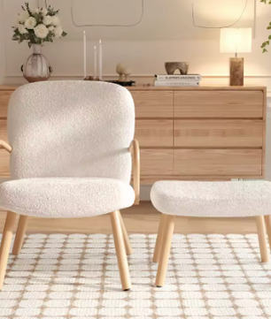 Schommelstoel met Voetenbank – Gewatteerd Kasjmier & Houten Frame – Comfortabel voor Woonkamer, Babyverzorging of Leeshoek