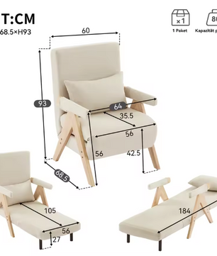 3-in-1 Slaapfauteuil met Draaibaar Houten Dienblad – Verstelbare Loungestoel & Bedfunctie