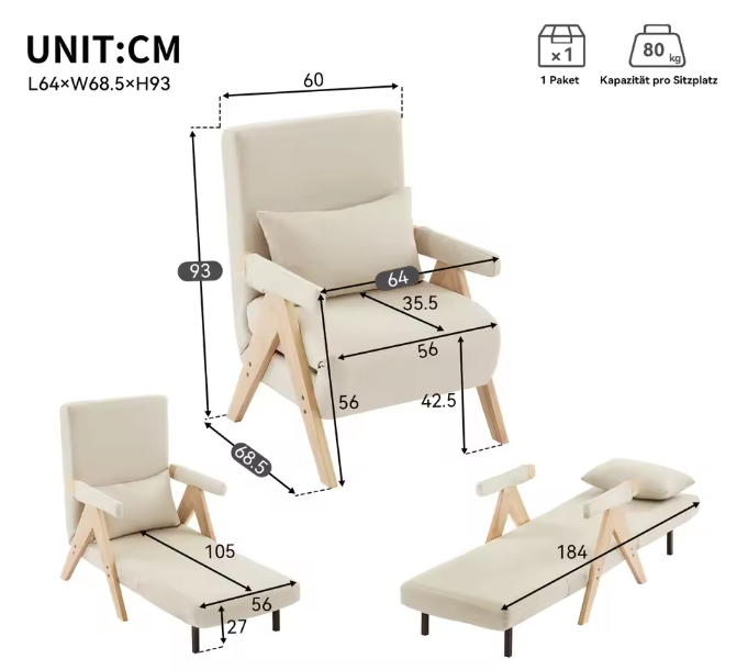 3-in-1 Slaapfauteuil met Draaibaar Houten Dienblad – Verstelbare Loungestoel & Bedfunctie