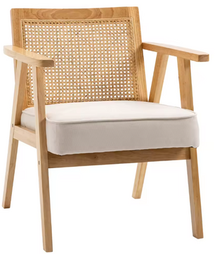Beige Rotan Fauteuil – Natuurlijke Loungezetel met Linnen Bekleding & Houten Frame