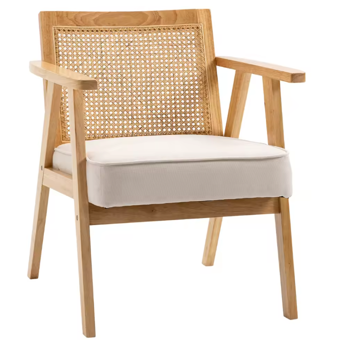 Beige Rotan Fauteuil – Natuurlijke Loungezetel met Linnen Bekleding & Houten Frame