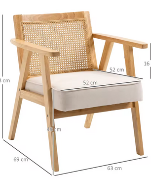 Beige Rotan Fauteuil – Natuurlijke Loungezetel met Linnen Bekleding & Houten Frame