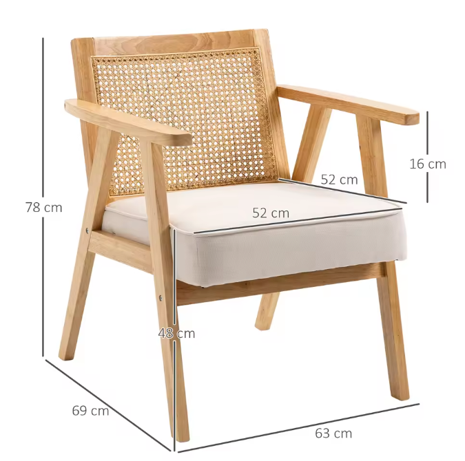 Beige Rotan Fauteuil – Natuurlijke Loungezetel met Linnen Bekleding & Houten Frame