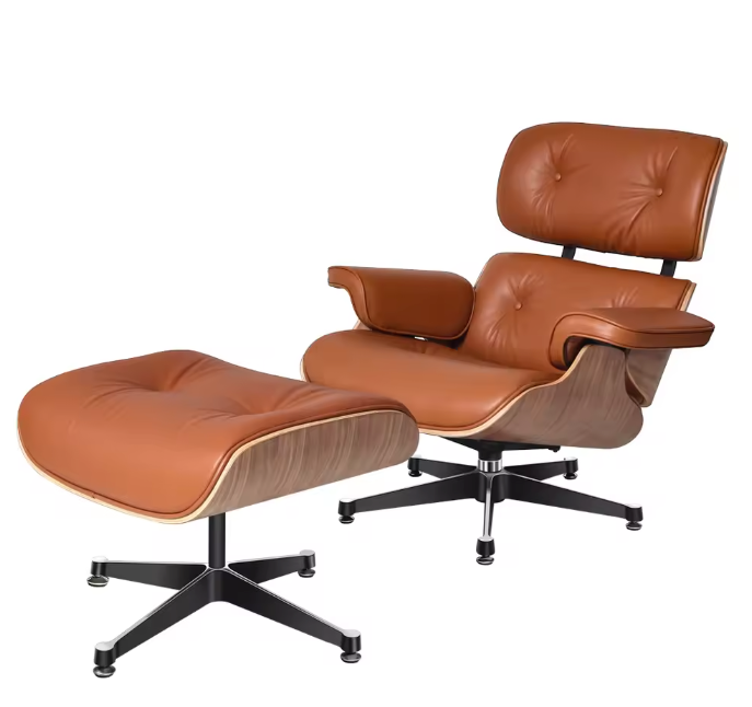 Klassieke Draaibare Lounge Fauteuil – Walnoothout & Bruin Koeienleer, 360° Rotatie