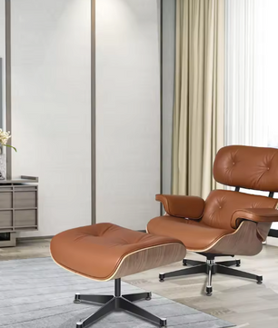 Klassieke Draaibare Lounge Fauteuil – Walnoothout & Bruin Koeienleer, 360° Rotatie