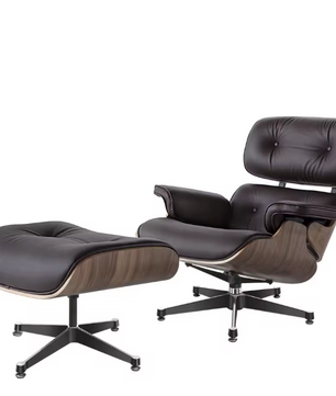Klassieke Draaibare Lounge Fauteuil – Walnoothout & Donkerbruine Koeienhuid, 360° Rotatie