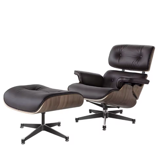 Klassieke Draaibare Lounge Fauteuil – Walnoothout & Donkerbruine Koeienhuid, 360° Rotatie