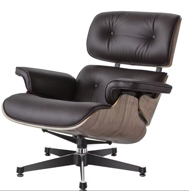 Klassieke Draaibare Lounge Fauteuil – Walnoothout & Donkerbruine Koeienhuid, 360° Rotatie